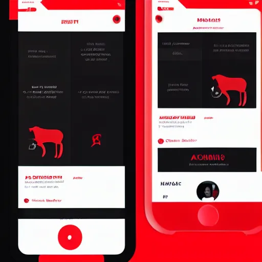 Prompt: a full ux layout of a mechanical dog dashboard and marketplace mobile app for ios with a black and red theme.