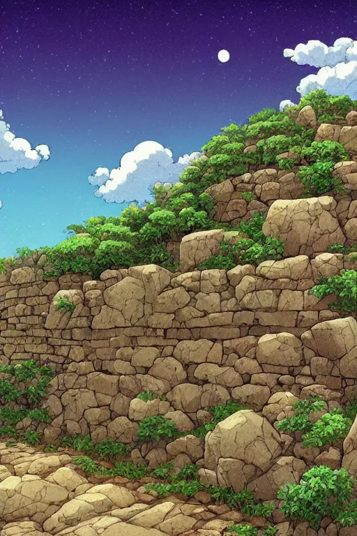 Image similar to stone wall stretching to the sky at the edge of the world, 4 k digital paint by studio ghibli hayao miyazaki. vivid colours, vaporwave lighting style, very sharp and detailed. trending on artstation and behance.