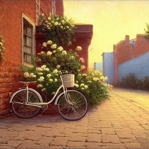 Image similar to a baby blue bike with a flower basket and white tires standing sideways next to a brick red wall, centered, matte painting, dusk, fashion, by rozalski and peter ilsted, artstation