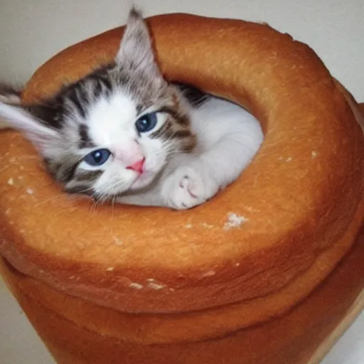 Image similar to kitten living inside a bread, hyper detailed