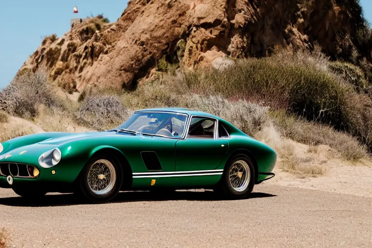 Prompt: cinematography of Ferrari 250 GTO series 2 on El Matador State Beach by Emmanuel Lubezki