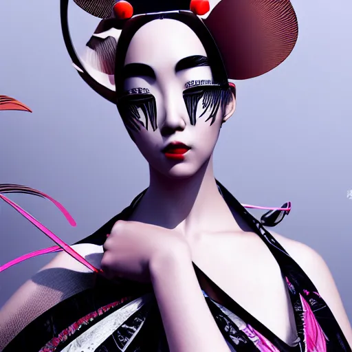 Prompt: japanese inspired avant-garde art, deco fashion, highly detailed, photorealistic portrait, bright studio setting, studio lighting, crisp quality and light reflections, unreal engine 5 quality render