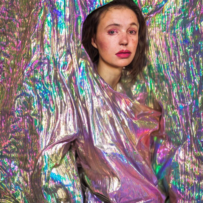 Prompt: closeup portrait of a woman wrapped in iridescent foil, standing in a grocery store, dirty grocery store, grungy grocery store, color photograph, by vincent desiderio, canon eos c 3 0 0, ƒ 1. 8, 3 5 mm, 8 k, medium - format print