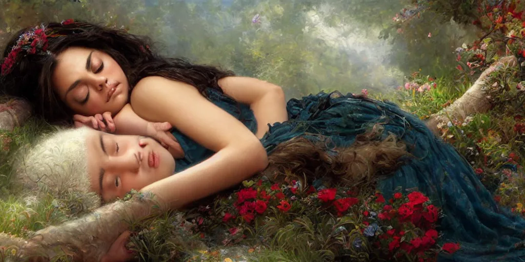 Image similar to Mila Kunis falling asleep, Lilia Alvarado, Sophie Anderson, Mark Arian, Bob Byerley, Charlie Bowater, Mark Brooks, Steve Henderson, Justin Gerard, Arthur Hughes, Edward Robert Hughes, Mark Keathley, Victor Nizovtsev, Carlos Shwabe, Ross Tran, WLOP