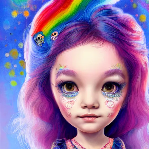 Prompt: an intelligent young girl with rainbow hair looking at the camera, she has a cute face, intricate, elegant, highly detailed, digital painting, artstation, concept art, smooth, sharp focus, illustration, art by mark ryden and gaston bussiere 3 d 8 k ultra detailed