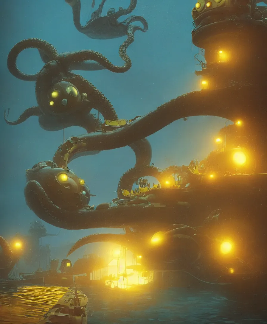 Prompt: giant octopus grabbing a submarine a yellow submarine underwater, illustrated by simon stalenhag and gaston bussiere, beautiful volumetric lighting style atmosphere, intricate, ultra detailed, photorealistic imagery, trending on artstation, octane render, 8 k