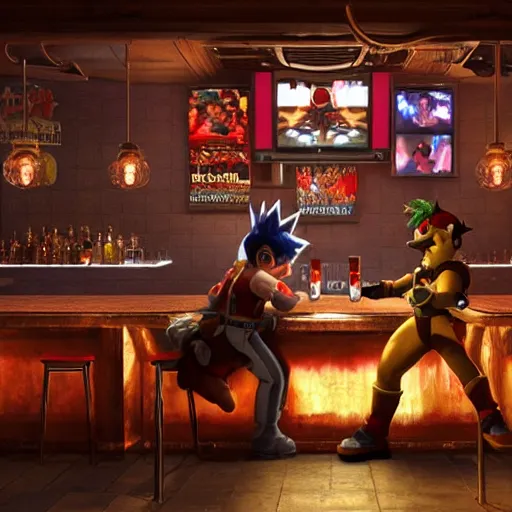 Prompt: an ultradetailed 3 d render of shadow the hedgehog and bowser sitting in a bar drinking beer, dive bar with a karaoke machine, volumetric lighting, 4 k, octane render, art by greg rutkowski and alphonse mucha and andreas rocha and albert bierstadt