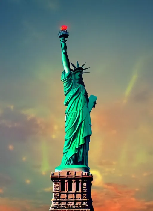 Image similar to red version of the statue of liberty holding a green torch with new york in the backround, new york, hd, statue of liberty, daytime, 4 k, octane render, ultra detail