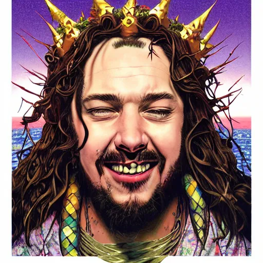 Image similar to portrait of crazy post malone as jesus with thorns crown, symmetrical, by yoichi hatakenaka, masamune shirow, josan gonzales and dan mumford, ayami kojima, takato yamamoto, barclay shaw, karol bak, yukito kishiro