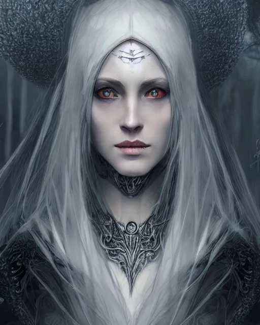 Image similar to portrait of a beautiful female witch with shimmering hair, symmetrical face and eyes, cgsociety, Elden Ring, Dark Souls, Bloodborne