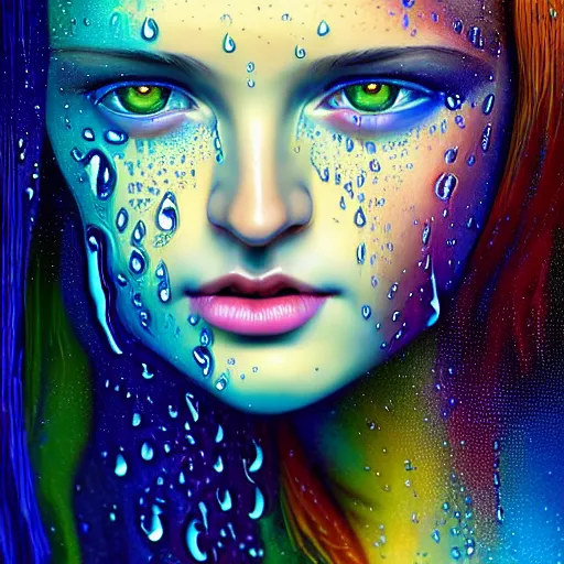 Image similar to portrait of girl in uniquely colored psychedelic rain with wet hair and face, water drops, epiphany, bliss, fantasy, intricate, elegant, dramatic lighting, highly detailed, lifelike, photorealistic, digital painting, artstation, concept art, smooth, sharp focus, illustration, art by John Collier and Albert Aublet and Krenz Cushart and Artem Demura and Alphonse Mucha