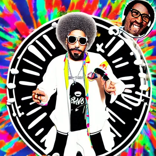 Image similar to svg sticker of a Dancing-Ben-Harper-Snoop-Spike-Lee-with-a-large-Afro-Puff, at a rave, spinning records, giant headphones rocking out, wearing headphones, huge speakers, dancing, rave, DJ, spinning records, digital art, amazing composition, rule-of-thirds, award-winning, trending on artstation, featured on deviantart