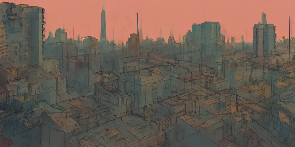 Image similar to back to the summer of the nuclear intense city, concept art, pastel soft colors, in the style of danny mcbride, knyazev konstantin