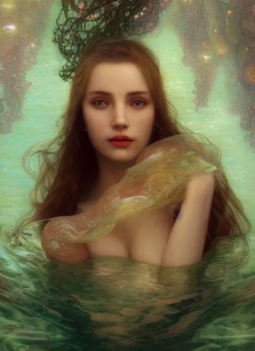 Prompt: hyper realist matte digital painting of a young beautiful woman, beautiful face, jugendstill, floating in water, weightless, bubbles rising, seaweed, headspace, fairytale, fantasy art, photo realistic, dynamic lighting, artstation, volumetric lighting, by mucha, by charlie bowater, by karol bak, by alma tadema