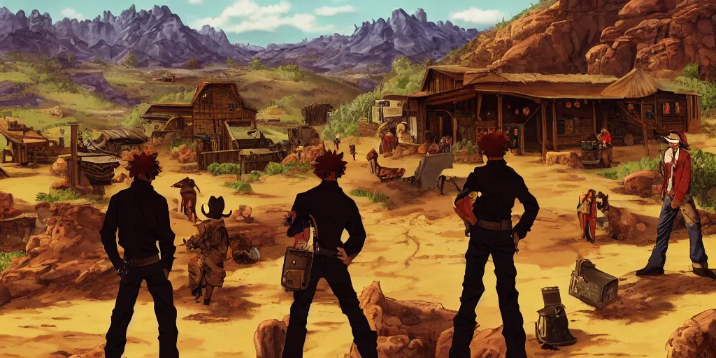 Prompt: cowboy bebop in the old western world with rugged terrain and taverns landscape portraits