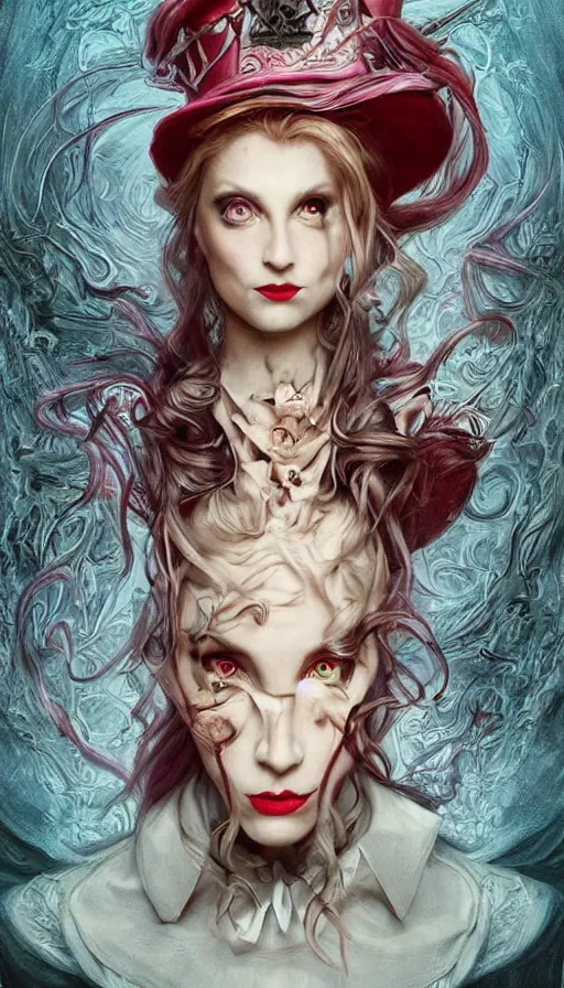 Prompt: twisted alice in wonderland, fame of thrones, lord of daggers, neon, fibonacci, sweat drops, intricate fashion clothing, insane, intricate, highly detailed, surrealistic, digital painting, artstation, concept art, smooth, sharp focus, illustration, Unreal Engine 5, 8K, art by artgerm and greg rutkowski and alphonse mucha