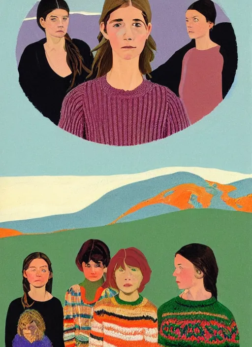 Prompt: composition by justine kurland, a portrait of a group of girls dressed in colorful sweaters in a scenic representation of mother nature and the meaning of life by billy childish, thick visible brush strokes, shadowy landscape painting in the background by beal gifford, vintage postcard illustration, minimalist cover art by mitchell hooks