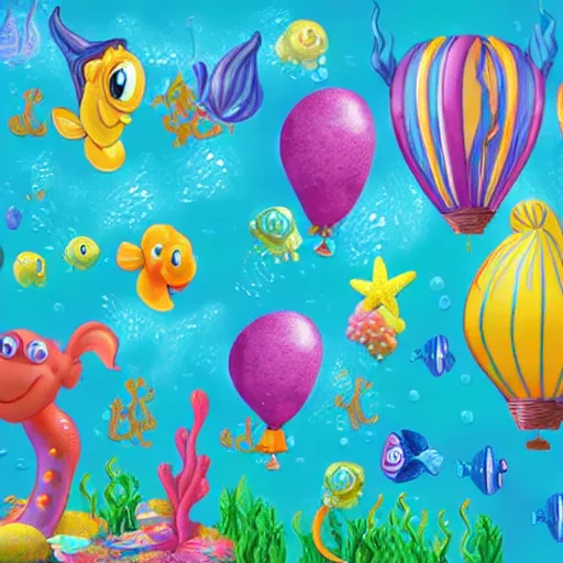 Prompt: balloon animals, under the sea, little mermaid magical kingdom, digital art + n 9