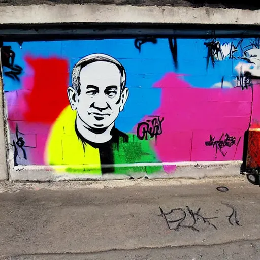 Image similar to benjamin netanyahu, graffiti, photograph, made by banksy, vivid colors, spray brush, midday, sunny, professional