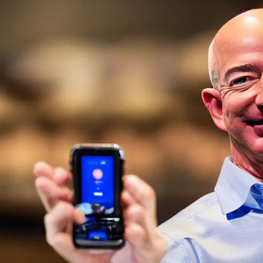 Prompt: jeff bezos launching a new type of sausage, smiling, happy, product launch, sausage, food photography, announcement, canon eos r 3, f / 1. 4, iso 2 0 0, 1 / 1 6 0 s, 8 k, raw, unedited, symmetrical balance, wide angle