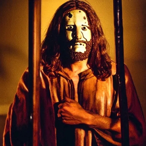 Prompt: A photo of Jesus as a horror movie slasher villain, f/22, 35mm, 2700K, kodachrome, award winning photography