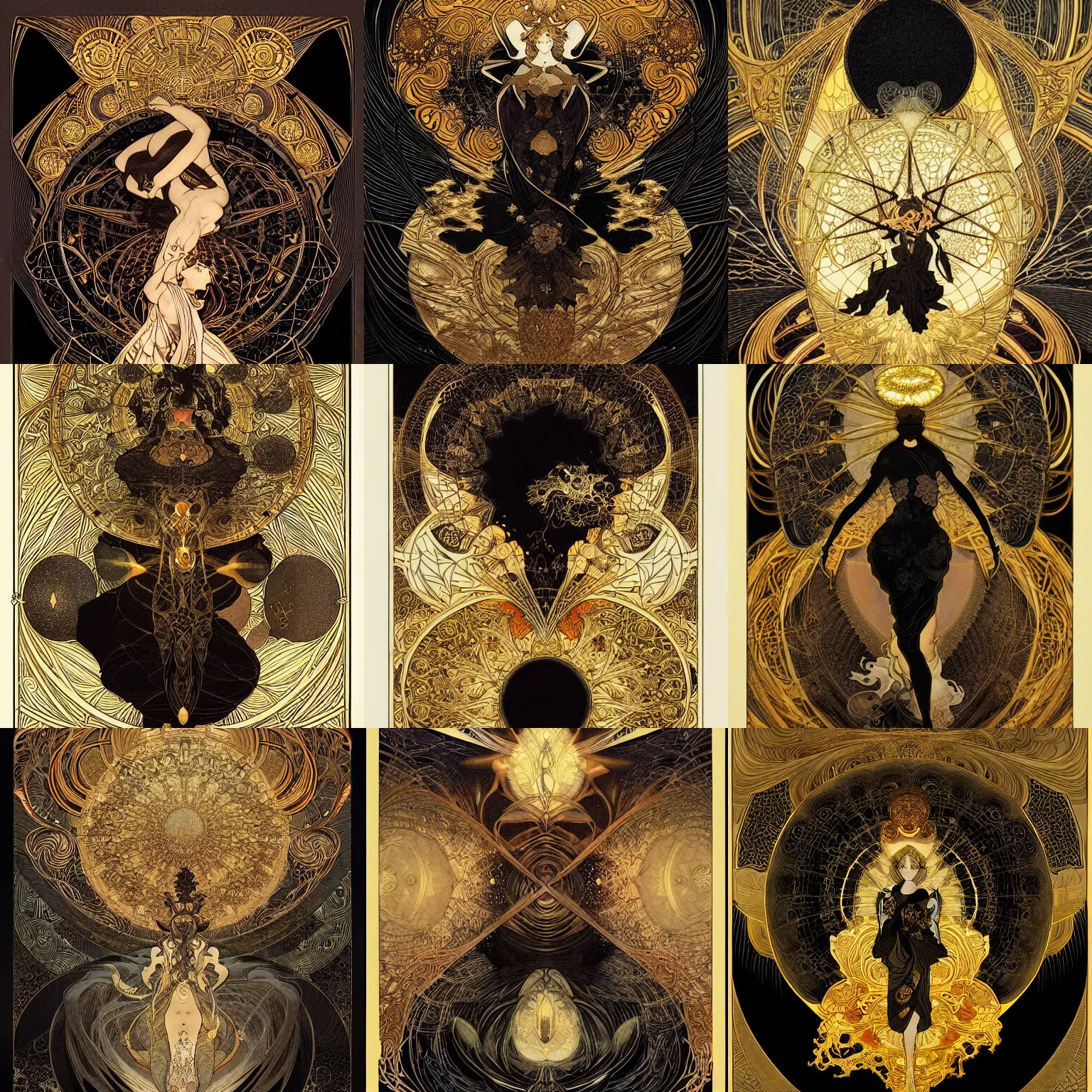 Prompt: the invention of light and fire, black tones, gold tarot card by hokusai, alphonse mucha, james gurney, peter mohrbacher, marc simonetti, mike mignola, black paper with detailed line work, mandelbulb fractal, exquisite detail, hyper detailed, intricate ink illustration, golden ratio