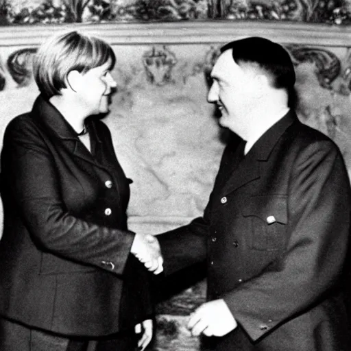 Prompt: chanceler merkel and hitler shaking hands with a mushroom cloud in the background, press photo