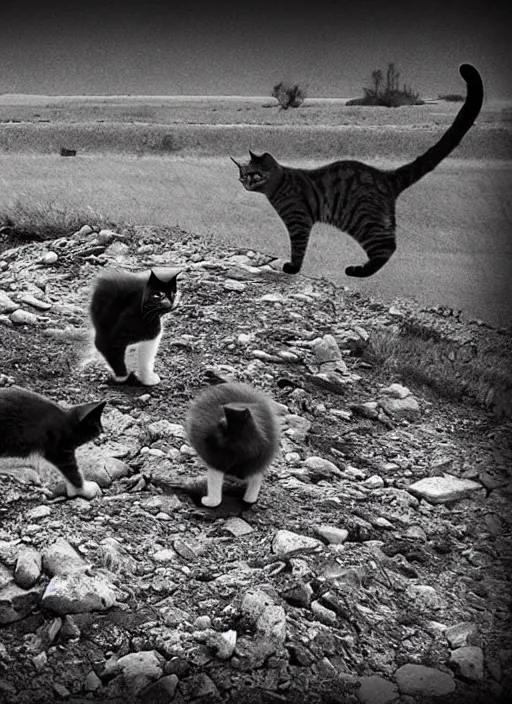 Prompt: cats in a post apocalyptic landscape looking for food