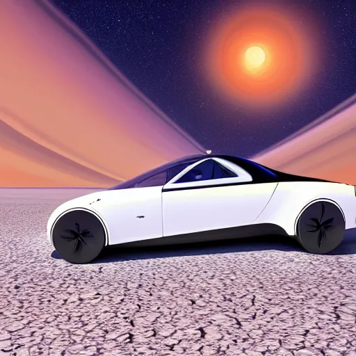 Prompt: a white sleek and luxurious passenger-carrier spaceship landed in a desert landscape with clear skies and ringed planet in the sky photorealistic, digital art, 8k, vibrant