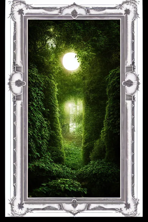 Prompt: book cover, frame border with ivy, high quality fantasy stock photo, unsplash transparent, forest and moon, intricate detail, elegant, hyper realistic, ultra detailed, octane render, volumetric cinematic lighting, 8 k post - production