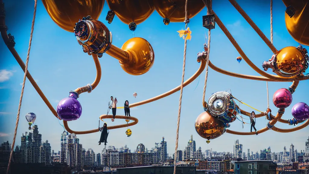 Prompt: large colorful futuristic space age metallic steampunk balloons with pipework and electrical wiring around the outside, and people on rope swings underneath, flying high over the beautiful futuristic city landscape, professional photography, 8 0 mm telephoto lens, realistic, detailed, photorealistic, photo journalism