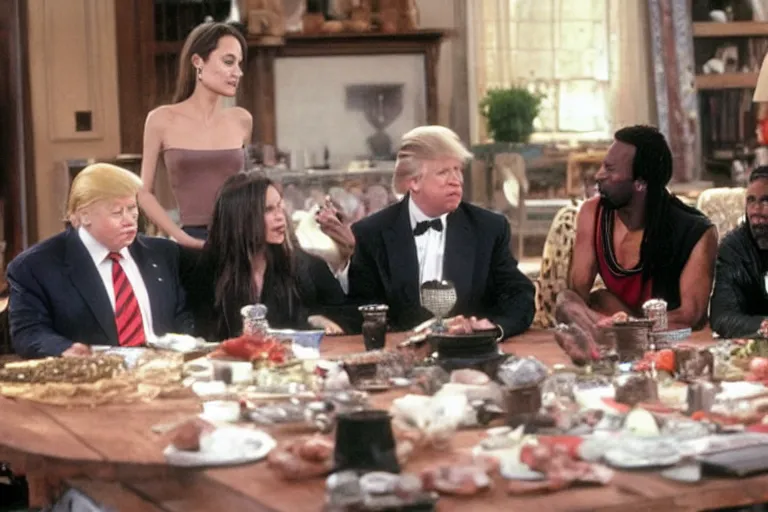 Image similar to Angelina Jolie, Boris Johnson, Mr T, Donald Trump, Wesley Snipes, best friends, on set of Friends TV show, still photo, hyperrealistic, 35mm, 8k, by weta digital