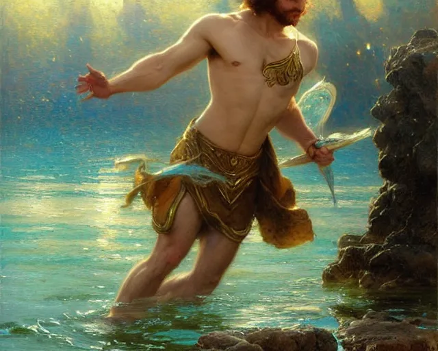 Image similar to attractive male wizard casting powerful wave water spell in a beautiful lake. highly detailed painting by gaston bussiere, craig mullins, j. c. leyendecker 8 k