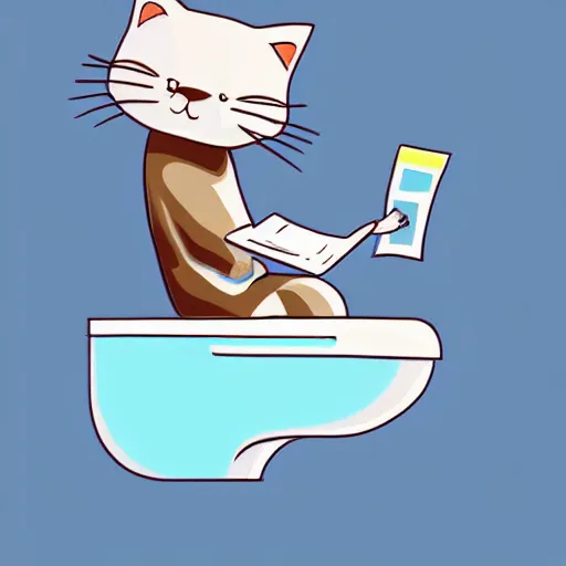 Image similar to a cat sitting on toilet reading newspaper, cute illustration, comic style, very detailed, trendy on artstation