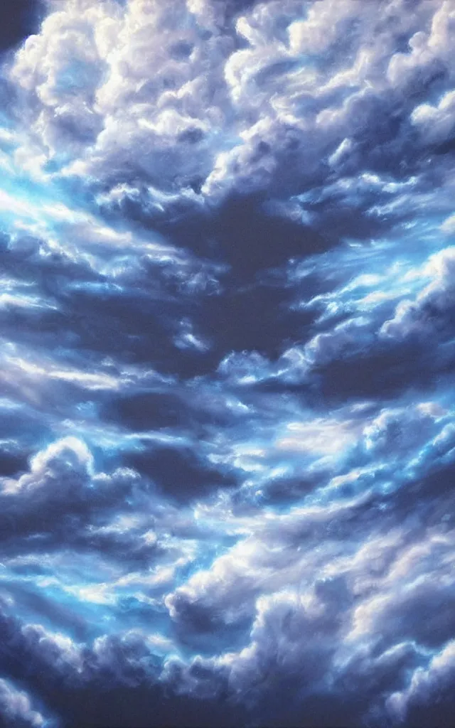 Prompt: blue and white night dramatic clouds over black background, airbrush fantasy 80s, realistic detailed