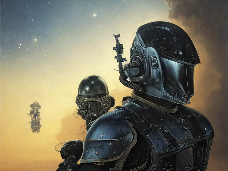 Image similar to a detailed profile painting of a bounty hunter in armour and visor, cinematic sci-fi poster. Spaceship high in the background. Flight suit, anatomy portrait symmetrical and science fiction theme with lightning, aurora lighting clouds and stars. Clean and minimal design by beksinski carl spitzweg and tuomas korpi. baroque elements. baroque element. intricate artwork by caravaggio. Oil painting. Trending on artstation. 8k