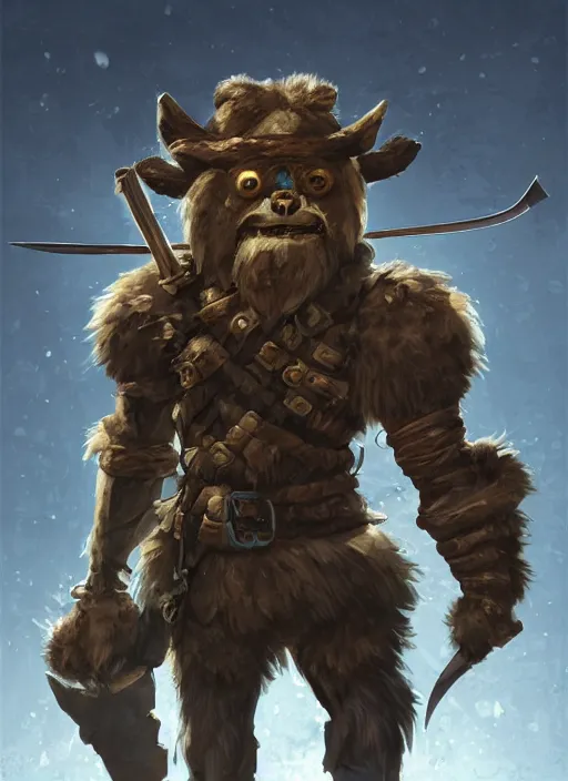 Image similar to strong young man, photorealistic bugbear ranger, black beard, dungeons and dragons, pathfinder, roleplaying game art, hunters gear, flaming sword, jeweled ornate leather and steel armour, concept art, character design on white background, by studio ghibli, makoto shinkai, kim jung giu, poster art, game art