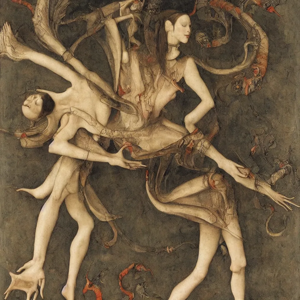 Image similar to a graceful detailed ballerina leaving a chromatic trail of smoke by h. r. giger, by hans memling