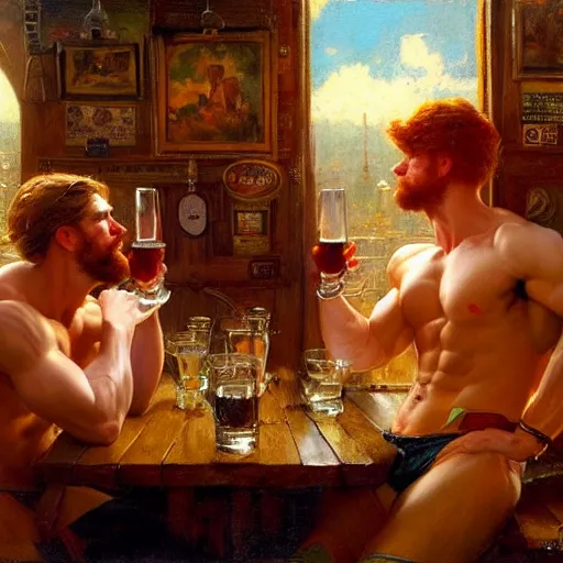 Image similar to attractive muscular mike with ginger hair with muscular attractive tyler with brunet hair, drinking their hearts out, in a pub. very defined and highly detailed painting by gaston bussiere, j. c. leyendecker, craig mullins 8 k