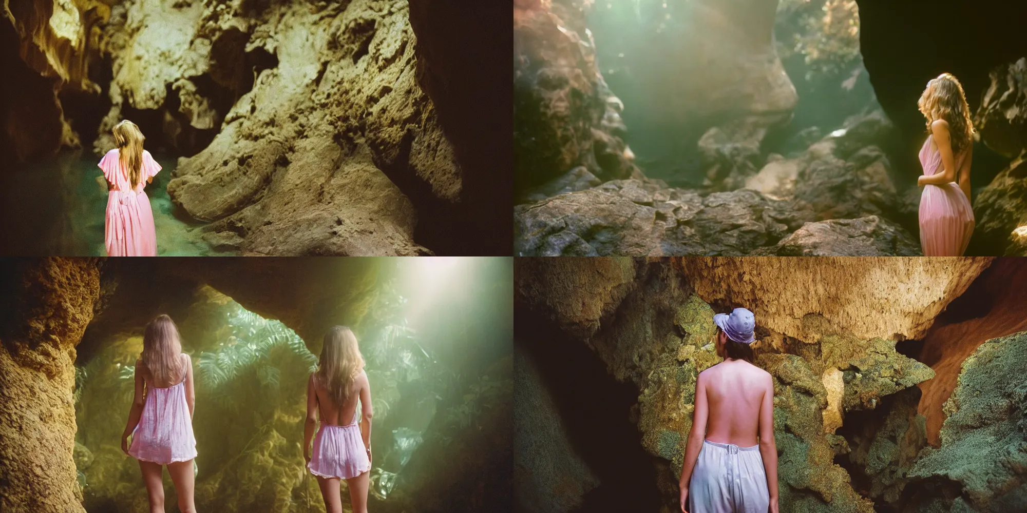 Prompt: photograph of a beautiful!!! woman! from the back standing in a tropical cave by mark owen. pastel colors. kodak portra 4 0 0 film!!. whirl bokeh!. mamiya 7. highly detailed. hq. photoreal. golden hour. lens flare. faded film. in - frame