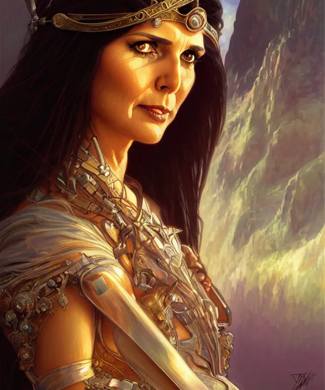 Prompt: Nikki Haley as a fantasy magic woman portrait, sci-fi, amber eyes, face, long hair, fantasy, intricate, elegant, highly detailed, digital painting, artstation, concept art, smooth, sharp focus, illustration, art by artgerm and greg rutkowski and alphonse mucha