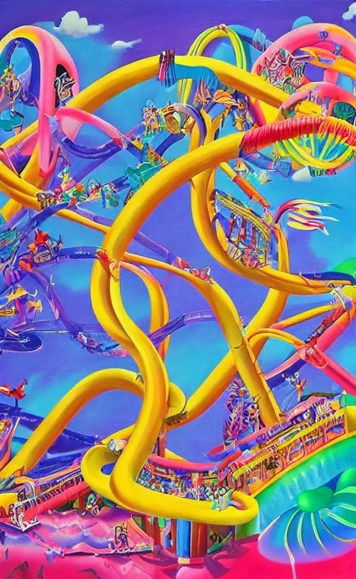 Prompt: surrealist rollercoaster by yoko d'holbachie, lisa frank,