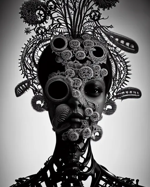 Image similar to surreal dark poetic black and white photo portrait of complex bio-mechanical beautiful young silver female vegetal-cyborg with a Mandelbrot fractal steampunk metal fine lace face, a very long neck and a fine metal floral foliage super big lace collar by Alexander McQueen:: smoke, high fashion, haute couture, rococo, steampunk, silver filigree details, anatomical, facial muscles, cable wires, microchip, elegant, dreamy, foggy atmosphere, hyper realistic, 150 mm lens, soft rim light, octane render, unreal engine, picture was taken in 1910 by Man Ray, volumetric lighting, dramatic light,8k,