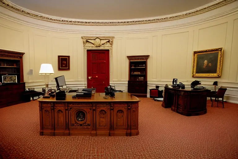 Prompt: giant crab attacking the oval office, in 2 0 1 2, bathed in the the glow of a crt television, low - light photograph, photography by tyler mitchell