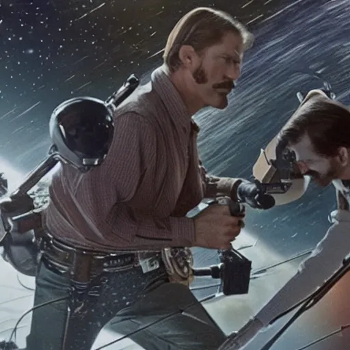 Image similar to wyatt earp and doc holliday having a duel on the deck of a spaceship from the movie interstellar, high detail