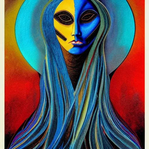 Prompt: Art in the style of Bob Peak, Gaia, Mother Earth, side portrait, mask inside mask