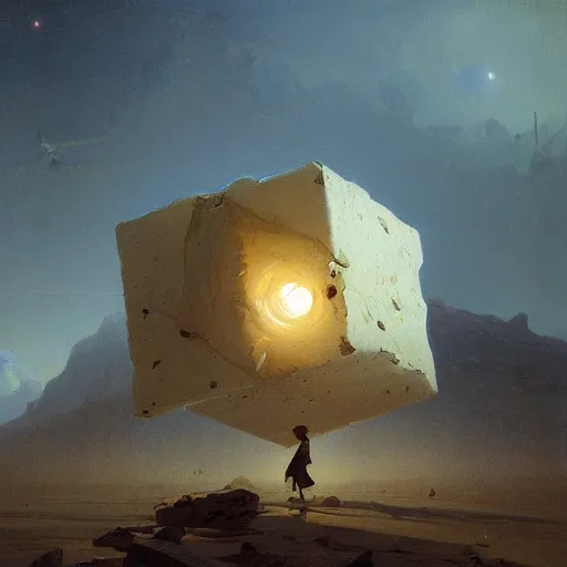 Prompt: a painting of a large smooth crystal cube on a barren alien planet. By carl spitzweg and greg rutkowski
