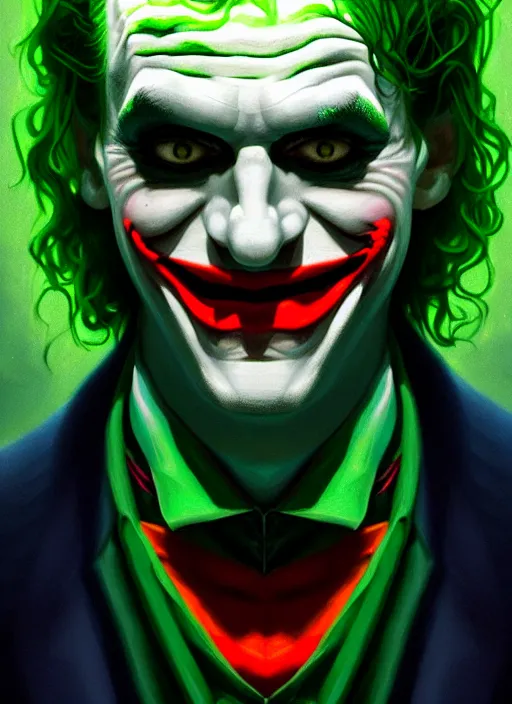 Image similar to portrait of neil cicierega as the joker, green hair, intricate, elegant, glowing lights, highly detailed, digital painting, artstation, concept art, sharp focus, illustration, art by wlop, mars ravelo and greg rutkowski