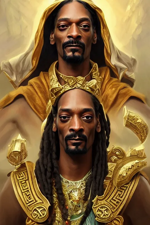 Image similar to snoop dogg as a greek god, closeup, d & d, fantasy, intricate, elegant, highly detailed, digital painting, artstation, concept art, matte, sharp focus, illustration, hearthstone, art by artgerm and greg rutkowski and alphonse mucha