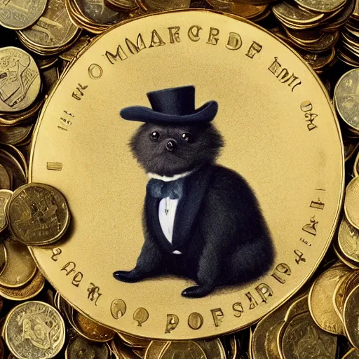 Image similar to A pomeranian wearing a top-hat and a monocle, sitting on a pile of gold coins